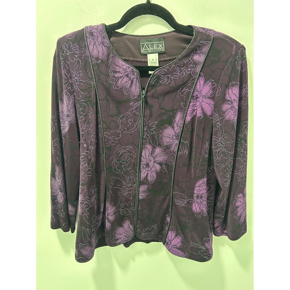 Alex Evenings Womens Plum Purple Metallic Floral Zip Front Jacket Size Medium